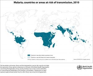 image of the world highlighting countries that have malaria